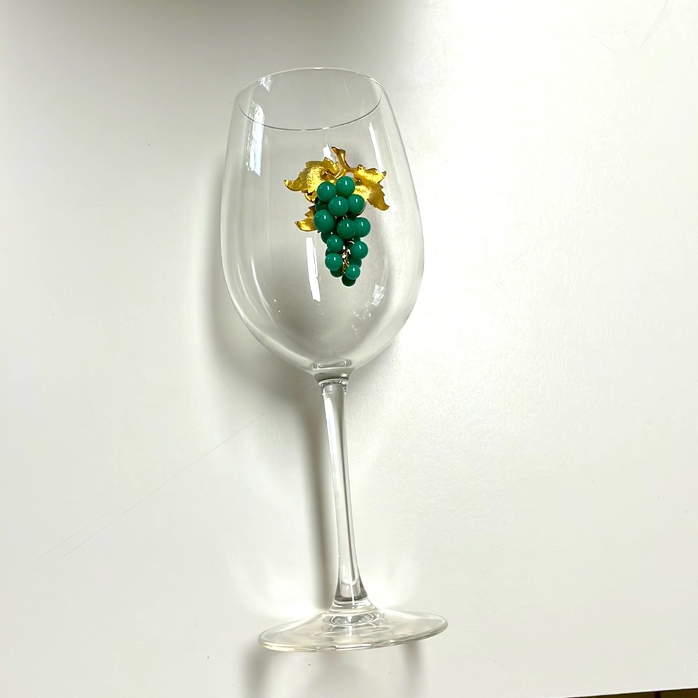 Hand crafted large wine glass 9.5 inches vintage jewelry adhered gold turquoise
